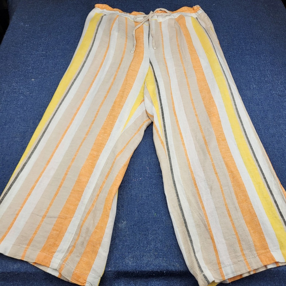 Alexander Jordan Linen Blend Striped Wide Leg Pants XL Orange Yellow Drawstring